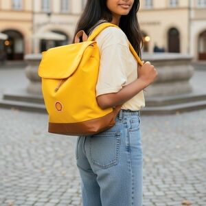 Rare Shell Yellow Backpack Brown Trim Casual Daypack Travel School Bag